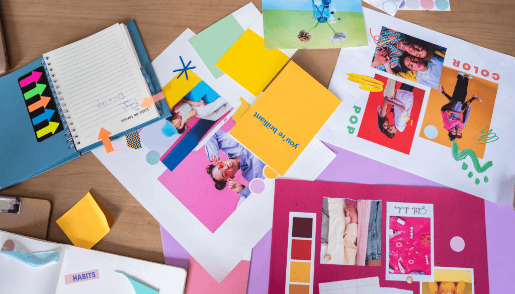 A colorful workspace featuring mood boards, photos, and notes, representing the creative process of branding. Keywords: AI for branding, online presence, brand identity.