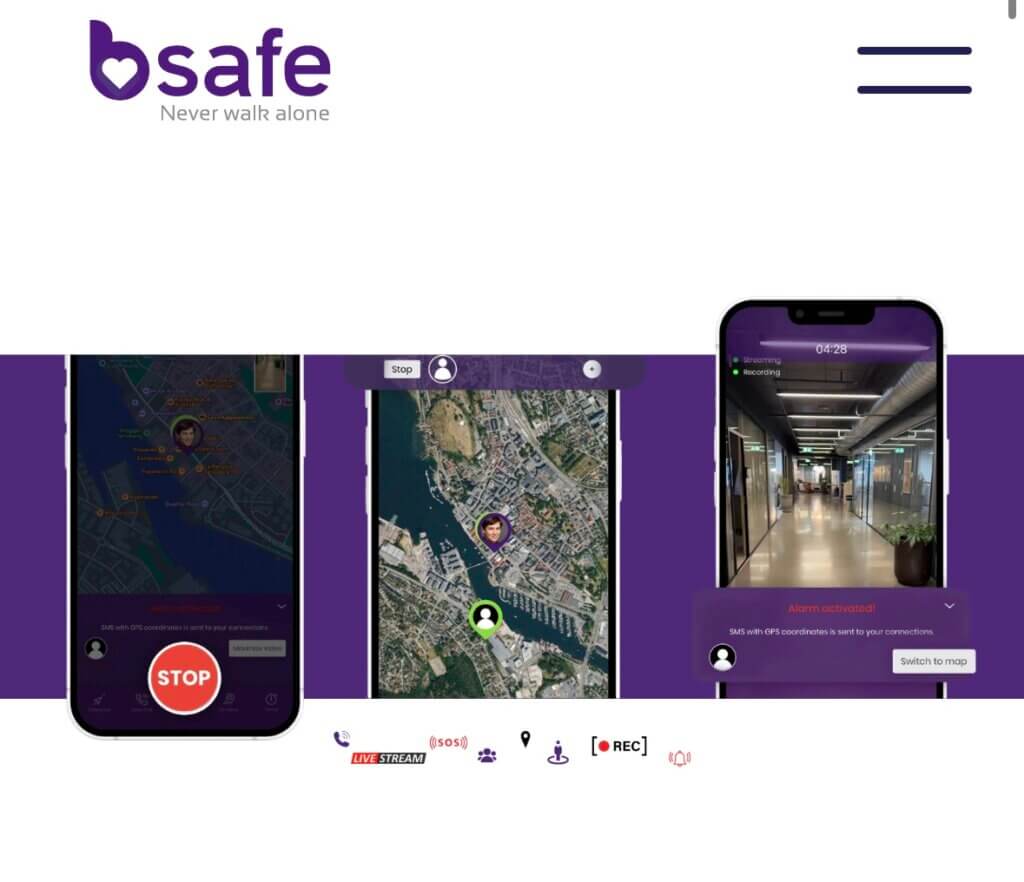 Image of the bSafe app interface, showcasing its smart security solutions and features for keeping you protected with live tracking and emergency alerts. AI for daily life