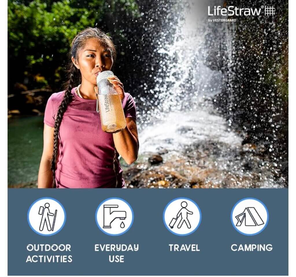 Image of a woman using the Lifestraw water filter bottle, a smart tool to keep you protected by providing safe drinking water during outdoor activities, travel, and camping