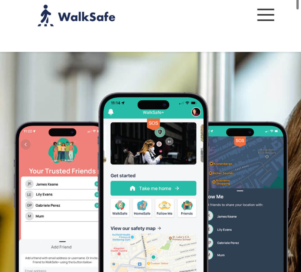 Image of WalkSafe app interface, showing smart security solutions to keep you protected with features like trusted contacts, real-time SOS alerts, and safety maps