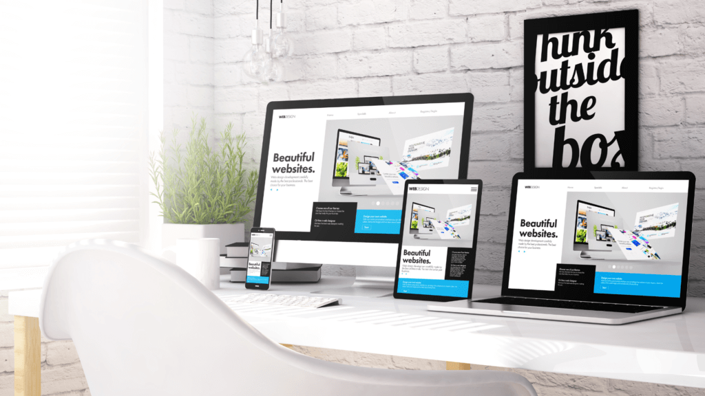 A responsive website design displayed on desktop, tablet, and mobile devices, highlighting the importance of AI tools in creating visually appealing websites for businesses and entrepreneurs