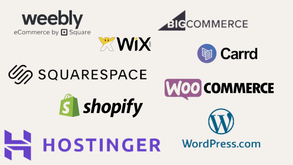 Logos of popular AI website builders for businesses, including Wix, Shopify, Squarespace, WordPress, WooCommerce, Weebly, Hostinger, and BigCommerce. AI for business and AI for entrepreneurs.